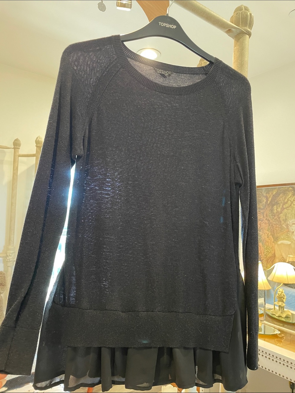 Topshop Black Lightweight Crewneck Sweater with Sheer Ruffle Hem